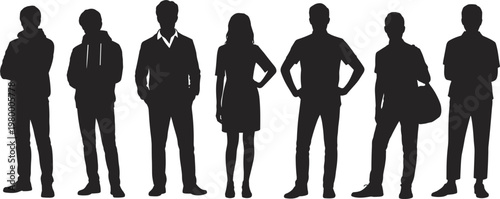 Group of eight diverse people silhouettes in casual and formal wear on a white background Keywords: silhouette, people, group