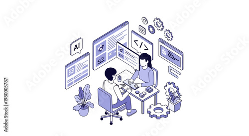 Software Development and AI Integration Isometric Illustration, Programmers Coding Web Interface, Teamwork and Digital Transformation Concept Vector
