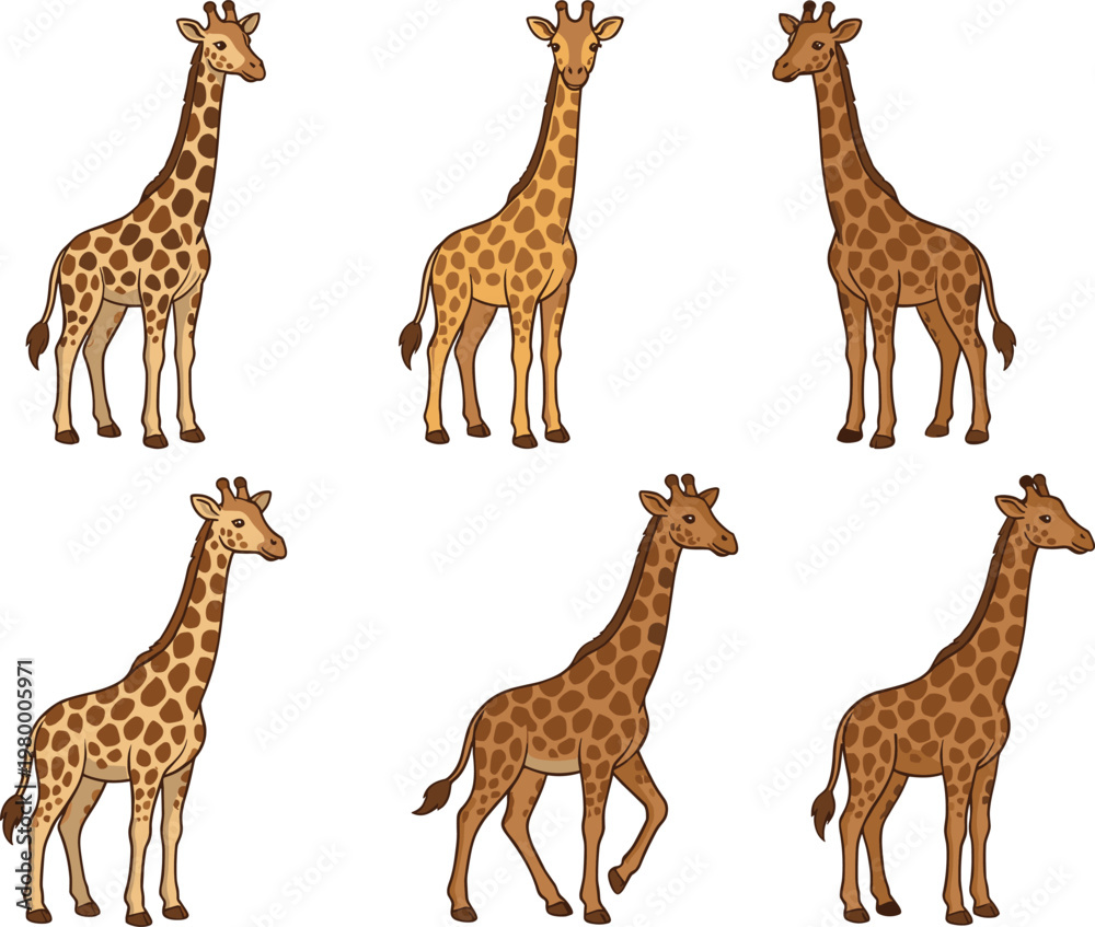 Obraz premium Cute Giraffe Cartoon Set with Different Poses and Patterns, African Safari Wildlife Animal Collection Vector Illustration for Kids, Education, and Nature Designs