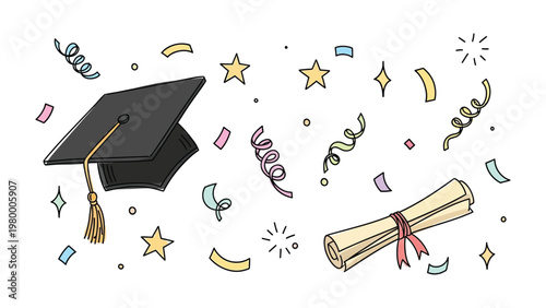 A Celebration of Knowledge and Achievement: A cap and diploma, surrounded by confetti and stars, represent the culmination of academic journey.