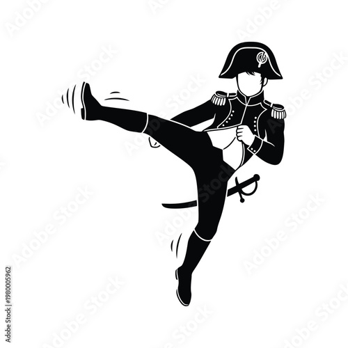 Napoleonic soldier executing a high kick martial arts move