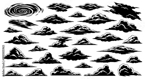 Clouds black vector set with various puffy stormy and swirly weather icons featuring design elements, cloud bundle, meteorology with graphic design