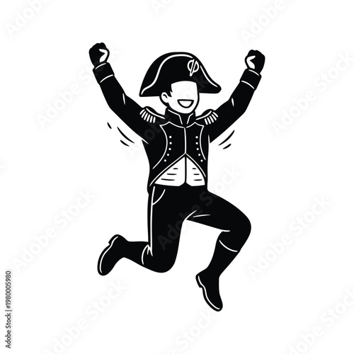 Celebratory figure in historical military attire jumping with arms raised