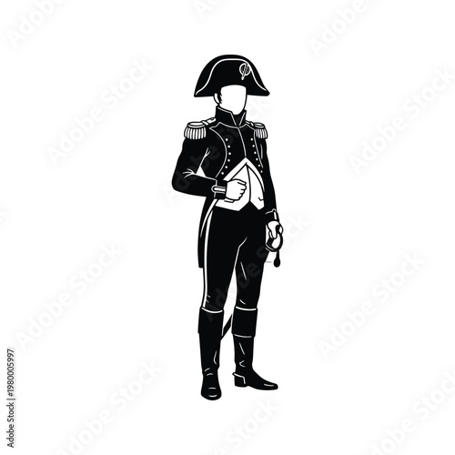 Historical military officer in early 19th-century attire with bicorne hat