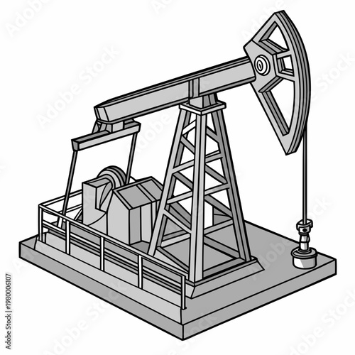 A detailed grayscale illustration depicts a classic oil pump rig showcasing the machinery used for extracting petroleum resources high quality professional modern