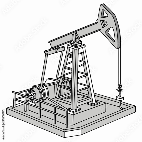 An illustrative depiction showcases a vintage oil pump rig commonly known as a rocking horse in a grayscale outline style high quality