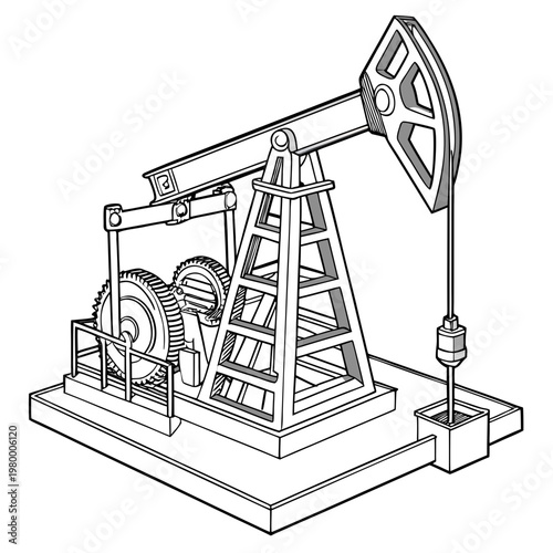 A detailed line drawing depicts an oil pump jack commonly used in the petroleum industry for extracting crude oil from the ground