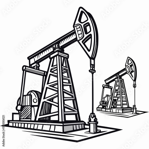 A detailed black and white illustration depicts two oil pumps or rocking horses actively extracting resources from the earth s surface