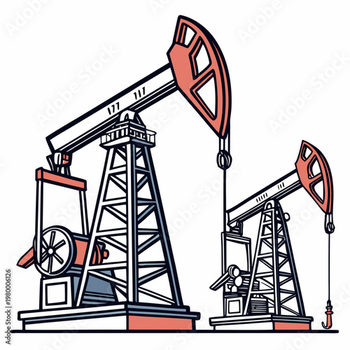 A stylized illustration depicts two oil pumps also known as rocking horses extracting resources from the earth s surface high quality professional