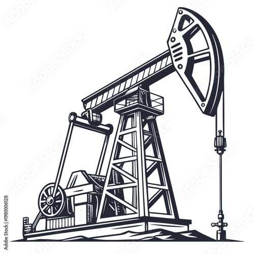 A vintage style illustration depicts a classic oil pump rig showcasing the mechanical engineering of petroleum extraction equipment high quality professional detailed