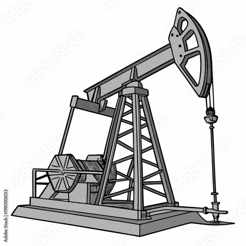 A detailed grayscale illustration depicts a classic oil pump rig commonly used for extracting petroleum from underground reserves high quality professional modern