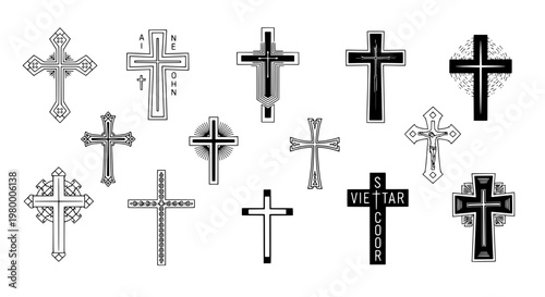 Crosses icon set with various designs and patterns in black and white featuring icons, symbols, religious with christianity and faith elements for