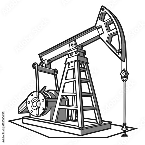 A detailed black and white illustration depicts a classic oil pump rig commonly used for extracting petroleum from the earth s surface