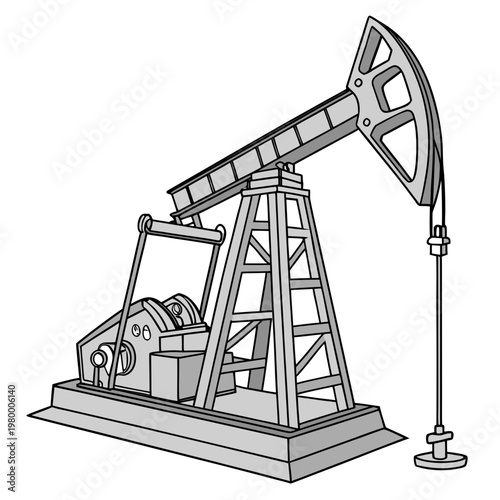 A detailed line drawing depicts a classic oil pump rig commonly known as a rocking horse used for extracting crude oil from