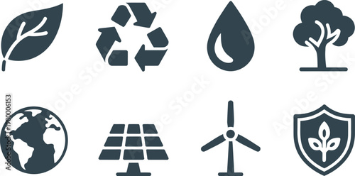 Set of ecology icons depicting environmental sustainability renewable energy sources and global conservation efforts for organizations