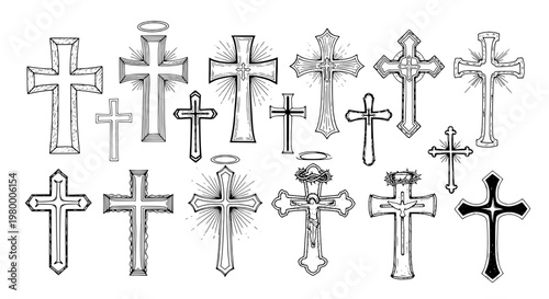 Crosses hand drawn set with intricate designs and religious symbols featuring Christian, faith, spirituality with art and vector elements for