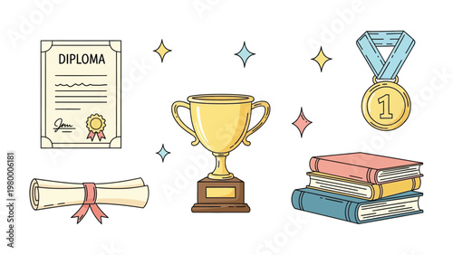 Academic Accolades: Illustration of a collection of academic awards, celebrating achievement, symbolizing excellence, and representing the culmination of knowledge and effort. 