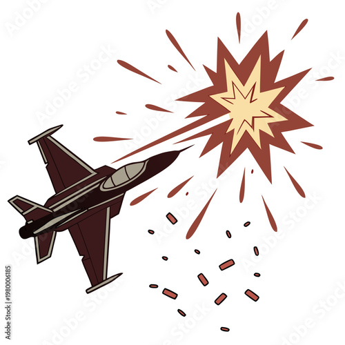 A stylized illustration depicts a fighter jet evading an explosion with debris scattering from the blast radius high quality professional detailed modern