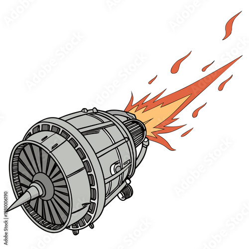 A detailed illustration depicts a jet engine expelling vibrant flames and heat showcasing its powerful propulsion system in action high quality professional