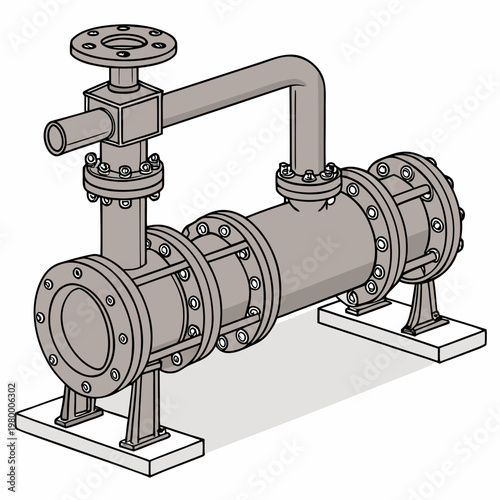 A detailed illustration depicts a complex industrial pipe system with valves flanges and supporting structures presented in a grayscale style high quality