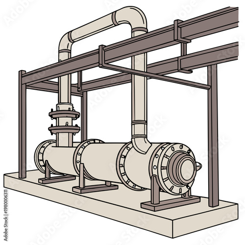 An illustrative depiction of industrial machinery featuring a horizontal heat exchanger piping and supporting metal framework high quality professional detailed modern elegant