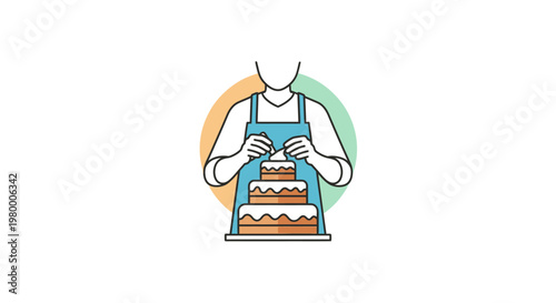 Person wearing blue apron decorating cake.