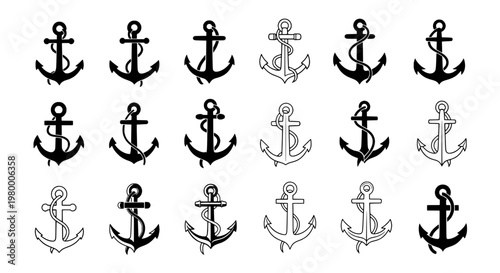 Anchors nautical icon set with black and white line drawings, ship anchors, and outline styles for maritime symbols.