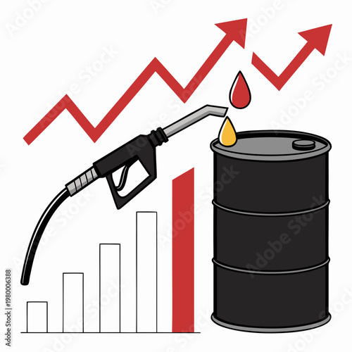 Rising fuel prices are depicted with a red upward trend line a gas pump oil barrel and increasing bar graph high quality
