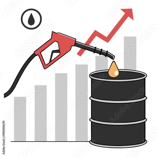 This illustration depicts a gas pump nozzle filling a barrel as a graph shows rising fuel prices symbolizing increasing costs high quality