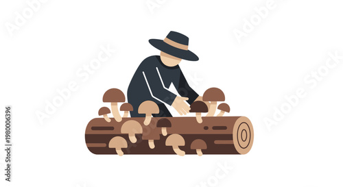 Man wearing a hat cultivating mushrooms.
