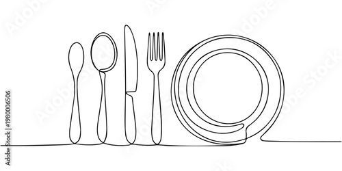 plate fork knife and spoon continuous one line drawing, plate, khife and fork continuous one line drawing, Continuous line art or One Line Drawing of plate, khife and fork. linear style and Hand
