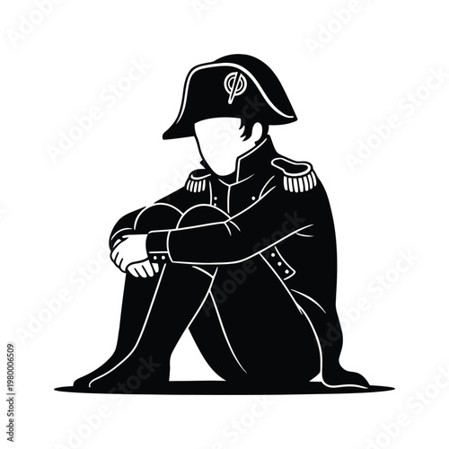Reflective napoleon in contemplative pose wearing military attire with bicorne hat