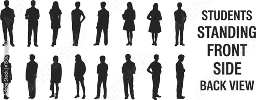 Silhouettes of students standing in front side and back views with text Keywords: students, silhouettes, standing, front view, side