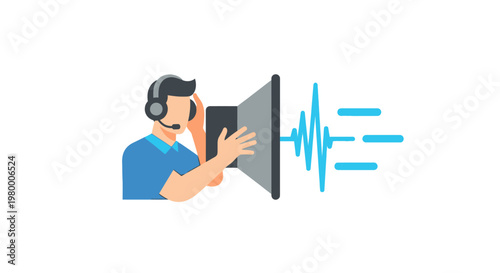 Man wearing headphones talking loudspeaker.