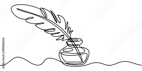 Retro inkwell and feather continuous one line drawing, One continuous line drawing of a quill pen in an inkwell against a clean white backdrop, continuous line classic quill pen.one line drawing of 