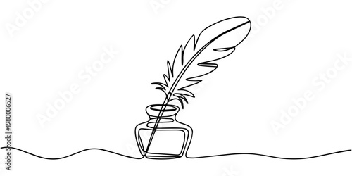 Retro inkwell and feather continuous one line drawing, One continuous line drawing of a quill pen in an inkwell against a clean white backdrop, continuous line classic quill pen.one line drawing of 