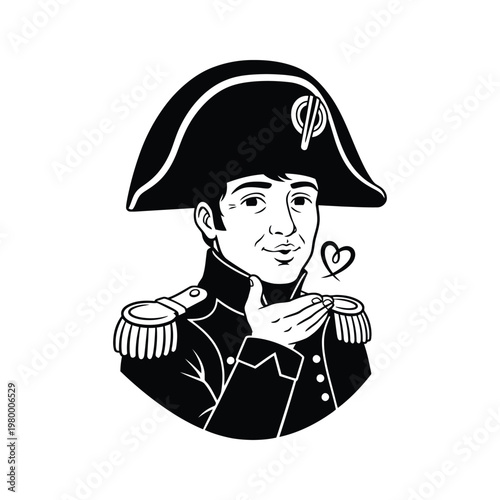 Napoleonic soldier holding a heart-shaped object with a thoughtful expression