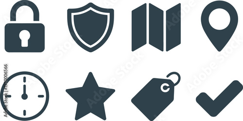 A collection of common user interface icons featuring security protection navigation time and shopping utility symbols