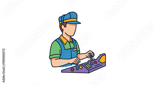 Photos Man wearing overalls working machinery.