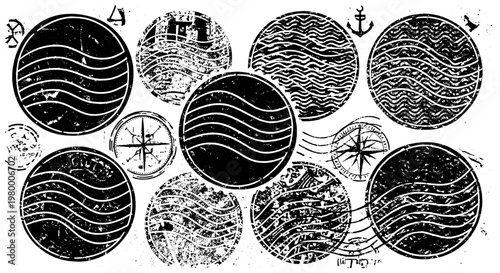 Knots sea waves nautical compass rose tattoo style vector circles for maritime map graphic design featuring ocean lines, anchor, ship with sailing