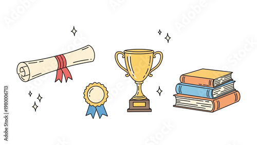 Academic Triumph: A visual symphony of symbols celebrating achievement, including a diploma, a prestigious trophy, a commemorative badge, and a stack of knowledge-filled books.
