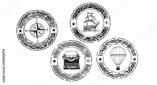 Compass navigation stamp badge set with hot air balloon, ship, and vintage ribbon banner line icons featuring nautical, sailboat, typography emblem