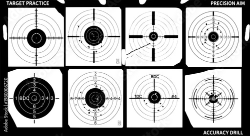 Targets practice set with precision aim and accuracy drill designs featuring black and white, marksmanship, bullseye with concentric circles and