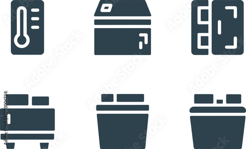 Set of various freezer and chest refrigerator icons representing cold storage appliance technology for domestic kitchens
