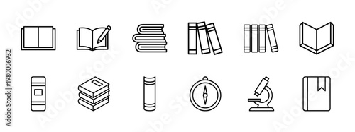 Minimalist education and book line icon set for school and library design