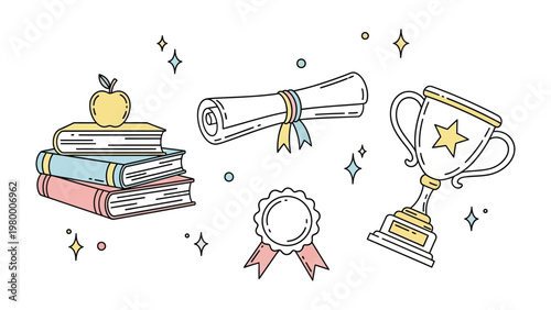 Illustrated Graduation Essentials: An illustrated composition of graduation elements. A stack of books topped with an apple, a rolled diploma, a gold trophy.