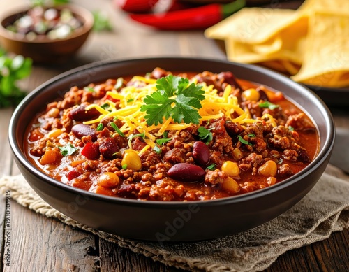 Hearty and flavorful chili with ground meat and beans served in a black bowl garnished with fresh cilantro and shredded cheese on a rustic wooden table