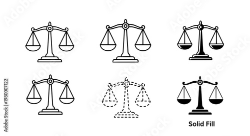 Scales law icon set with balanced balance beam and solid fill vector symbols for justice and courtroom themes