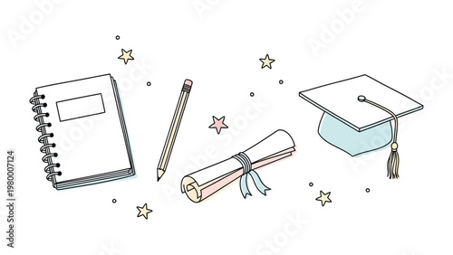 Education Essentials: A visual representation of academic success, featuring a graduation cap, diploma, notebook, and pencil against a backdrop of celebratory stars.