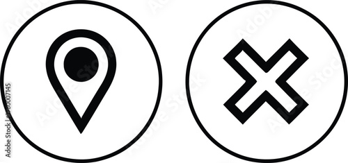 Simple location pin and cancel cross symbols enclosed in circular frames for interface navigation and feedback